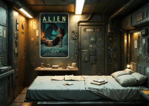 A dimly lit, gritty private quarters inside a spaceship, inspired by the industrial, utilitarian design from Alien (1979). The room has worn metal walls with exposed pipes and panels, all showing sign
