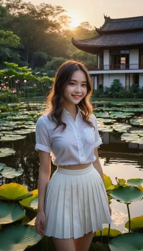 a young asian woman standing in front of water lilies,lotus pond,lotus on pond,lily pond,nymphaea,lily water,kaewparadai,koreana,water lotus,waterlily,water lily,xuyen,white water lilies,lily pad,asia