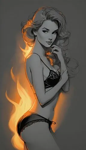 the drawings drawn with lit matches were cute, in the style of feminine portraiture, golden light, light gray, pensive poses, smokey background, light orange and light black, light & shadow, lingerie,