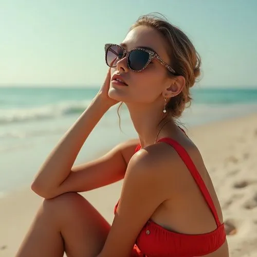Fashionable woman with sunglasses exudes elegance and beauty in portrait generated by artificial intelligence generated by AI, woman in red lingerie sitting on beach posing for a pograph,a woman is si