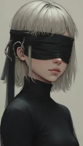 2B from nier automata with a black cloth straight blindfold tied over her eyes ,M8 variation ,blindfold,blindfolds,eyepatch,blindfolded,sia,arima,visor,piko,bird box,louisette,masked,oculus,digital pa