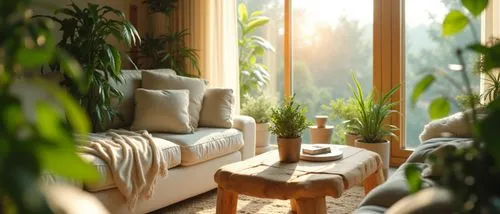 big cozy living room,instagram style,beautifull desighn,sunny day,beige,cream,green,many plants,blured background,details ,a living room filled with lots of furniture and potted plants,house plants,ho