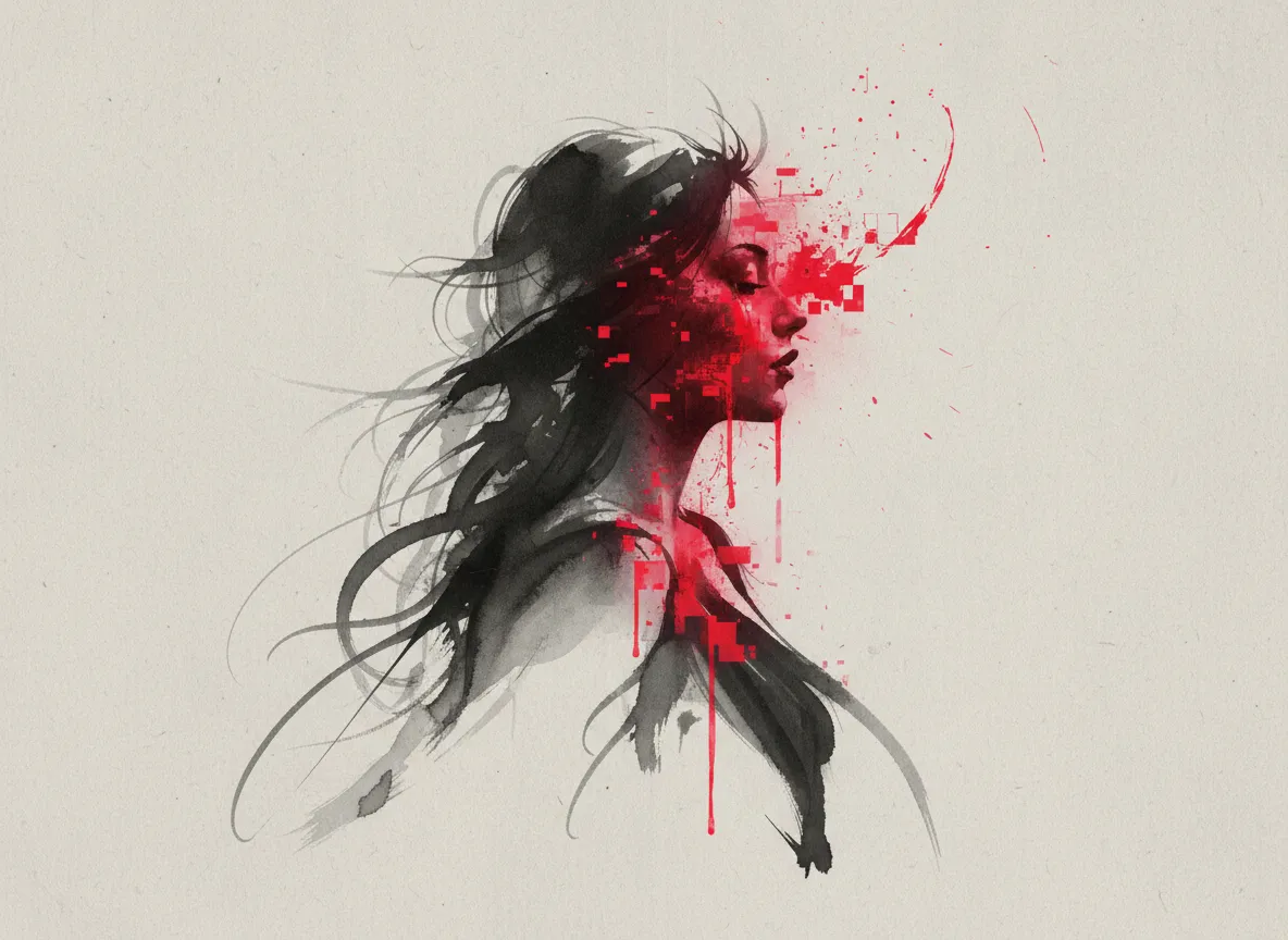 Un ritratto moderno di una donna in stile arte Sumi-e AI, reso in pittura a inchiostro monocromatica con un sorprendente tocco di colore rosso digitale.