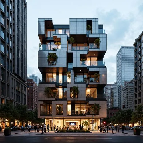 Deconstructed building facade, fragmented forms, irregular shapes, unconventional structures, abstract geometries, clashing materials, vibrant color contrasts, distorted reflections, dynamic lighting 