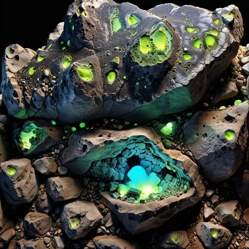 roccia spaccata nera con all'interno minerali  fluorescenti ,a piece of rock covered with green leaves,geode,fractal environment,mushroom landscape,stone background,corona virus,lava stones