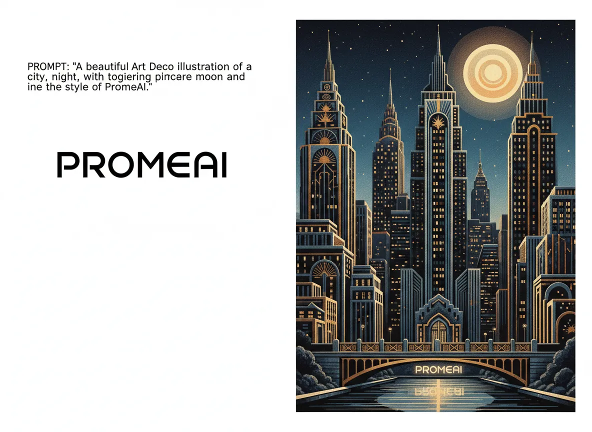 Una vista a schermo diviso che mostra un prompt di testo a sinistra e una bellissima illustrazione Art Déco di uno skyline cittadino di notte generata da PromeAI a destra.