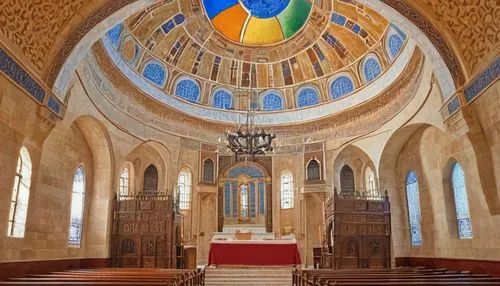 Historic synagogue, grandiose architecture, ornate stone carvings, stained glass windows, intricate tile work, majestic dome, detailed wooden pews, solemn atmosphere, soft natural light, warm color pa