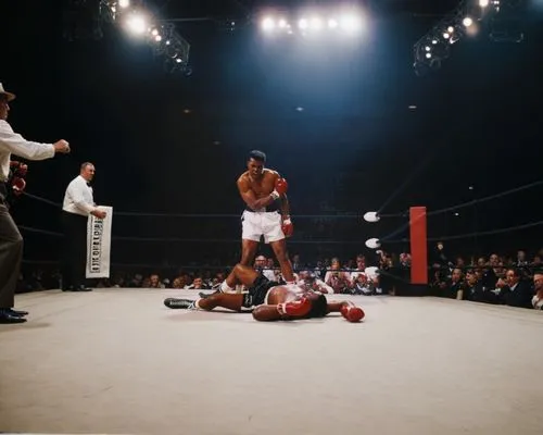 A panoramic view of the boxing arena during a high-stakes championship match, capturing the roaring energy of the crowd. Ringside, photographers with vintage cameras lean in, capturing the action, whi
