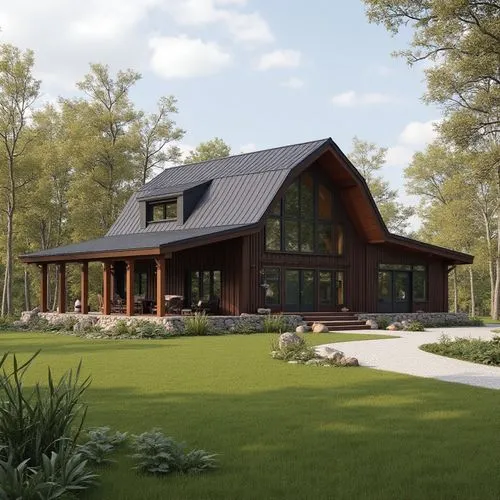 Barndominium style house,a large wooden house sitting on a lush green field,3d rendering,log home,sketchup,render,log cabin,timber house,revit,passivhaus,renderings,forest house,chalet,wooden house,gr