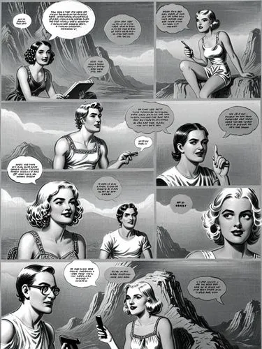 Become part of our adventurous comic page and experience the exciting story! With English text in boxes, speech and thought bubbles.,a comics book is being shown with different people,themyscira,comic