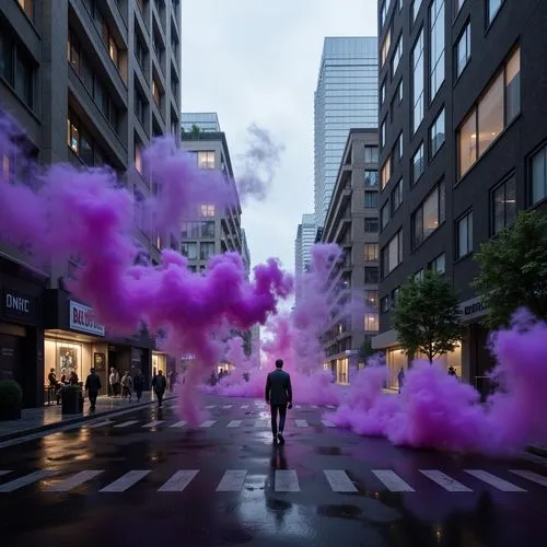 Information about interior design, interior decoration, decorating ideas, and more.,a man walks down the street while pink smoke is released,purple,vaporous,purple and pink,volumetric,light purple,fog