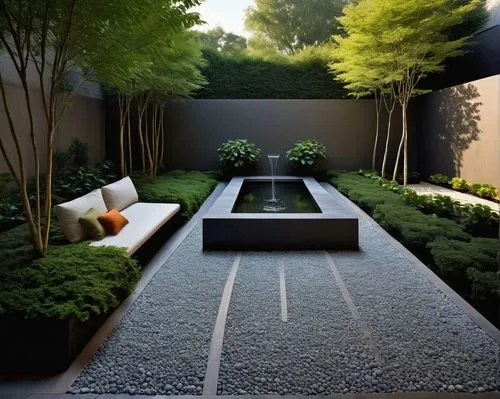 Serene modern courtyard, lush greenery, natural stone paving, tranquil water feature, small pond with gentle ripples, few ornamental trees, vibrant flowers in planters, elegant metal benches, soft war