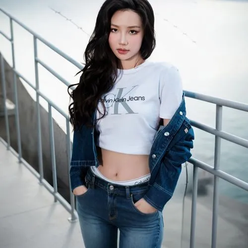 the girl is standing next to some railing,jei,jiyun,jeans background,joy,denim background,yijin,shuhua,yubin,jeans,seowon,kysela,shaoxuan,hara,hyuna,liyun,chonnam,phuquy,bnt,midriff,xiyu