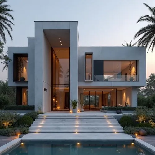 A hyper-realistic, high-resolution architectural photograph capturing a grand, ultra-modern luxury mansion at twilight. The building’s façade is composed of smooth white stone panels contrasted with s