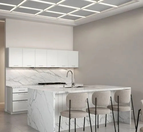 A 3d rendering of a modern kitchen with a minimalist design. the kitchen features a large island with a marble countertop and white cabinets, along with a sink and a gas stove. The island has four gra