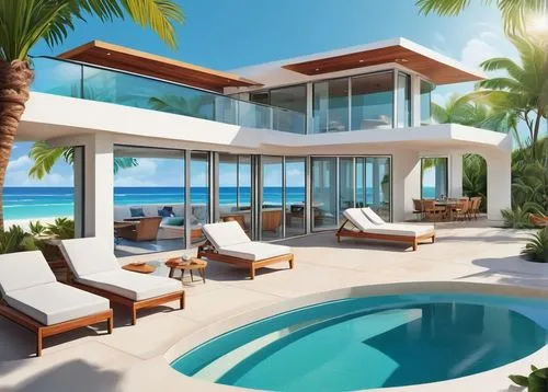 Tropical villa, modern design, curved lines, white walls, large windows, sliding glass doors, wooden accents, palm tree, lush greenery, colorful flowers, private pool, sun loungers, outdoor kitchen, B