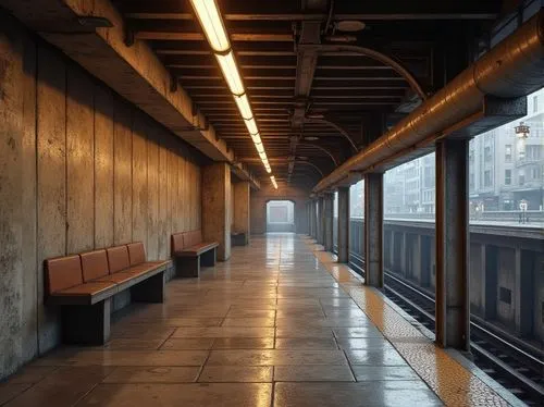 Rustic metro station, exposed concrete walls, metallic beams, industrial-style lighting fixtures, glossy subway tiles, worn stone floors, urban cityscape, morning rush hour, soft warm lighting, shallo