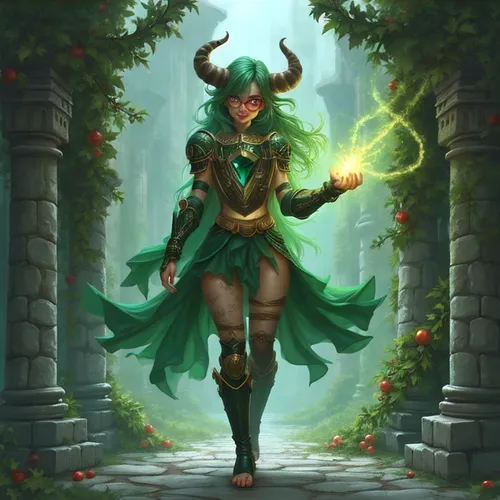 a woman dressed in green and gold with horns,nissa,valla,enchantress,inara,alera,the enchantress,dryad,archdruid,shadrake,fae,sorceror,elona,sorceress,hela,saria,summoner,cernunnos,background ivy,fel,