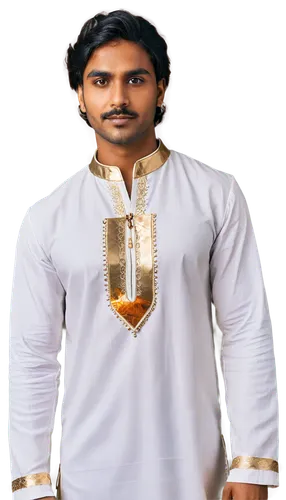 Indian guy, handsome face, dark skin, black hair, brown eyes, thick eyebrows, mustache, traditional clothing, white kurta, golden accessories, standing, confident pose, detailed facial features, soft 