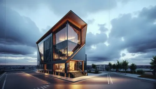 modren style commercial 3d with sharp edges and glass corner,a tall building has many windows at the bottom,cubic house,glass facade,cube house,modern architecture,cube stilt houses,glass building,gla
