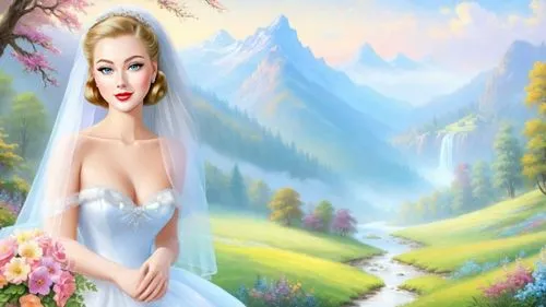 Romantic masterpiece oil painting, 1950's kitsch style, floral valley meadow, bridal veil, high res, by Thomas Kinkade, by Bob Ross,a painting of a beautiful young lady in a white dress,white rose sno