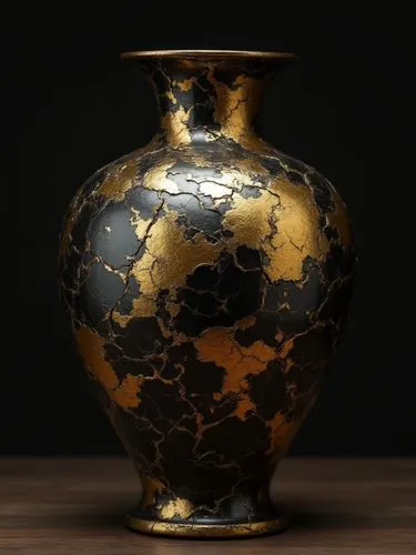 Photorealistic illustration of a gold broken vase with gold kintsugi cracks, on a dark background, cinematic realistic style, evoking Japanese art,,a large, old - looking vase sits on a table,vase,cop