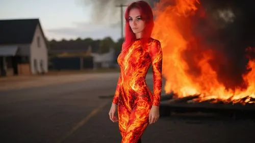 девушка одета в боди принт огонь ,a woman is standing by a fire with red hair,fire angel,fire siren,fire background,firebrand,fire dancer,aflame,fire dance,pyromaniac,wildfire,fire devil,combustion,ab
