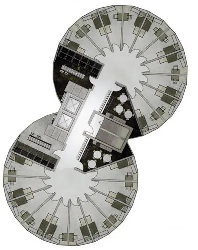 two circular mirrors with some furniture on them,highway roundabout,stereographic,roundabout,circular staircase,circular puzzle,hospital landing pad,millennium falcon,roundabouts,spaceports,gyroscopes