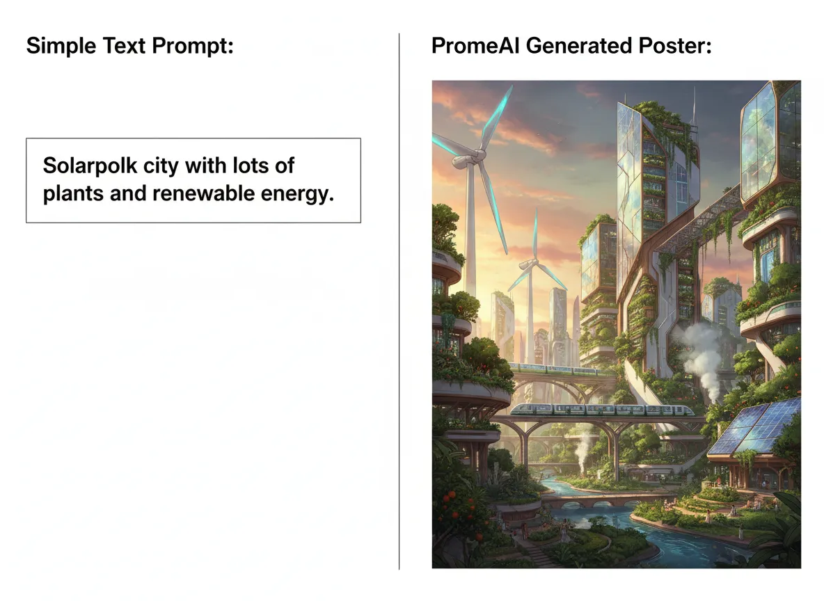 एक Solarpunk विचार के लिए एक साधारण टेक्स्ट प्रॉम्प्ट और PromeAI द्वारा उससे उत्पन्न जटिल, सुंदर पोस्टर दिखाते हुए साथ-साथ तुलना।