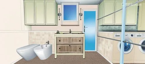 a drawing of a modern laundry room that includes a toilet and a washer,kitchens,kitchenette,appliances,an apartment,cabinetry,pantry