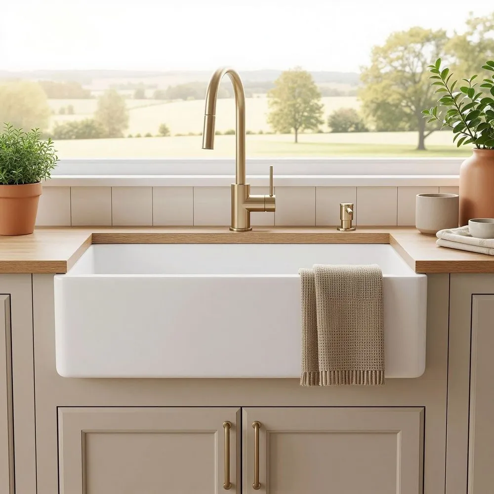 Bright farmhouse kitchen with a white fireclay sink