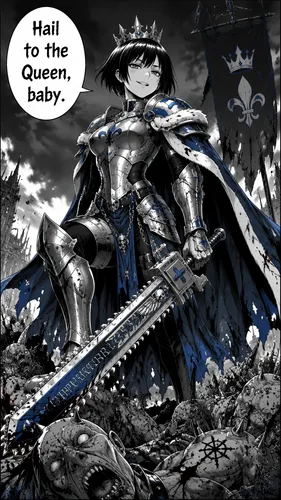 Manga style:
Haruka is an anime-style warrior queen with short, jet-black hair. Her elegant silver armor is accented with touches of brilliant blue. Armed with a Warhammer 40k Space Marine chainsword,