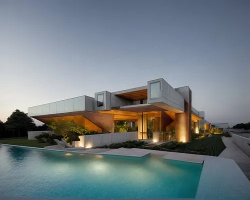 (at night:1.6), waterpool,modern house,modern architecture,dunes house,cubic house,cube house,pool house,beautiful home,luxury home,glass facade,luxury property,residential house,house shape,contempor