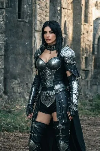 hermosa mujer metalera, maquillaje gótico,sexy woman wearing leather outfit near a castle,female warrior,medieval,knight armor,inquisitor,warden,fantasy warrior,medievalist,warrior woman,paladin,crusa