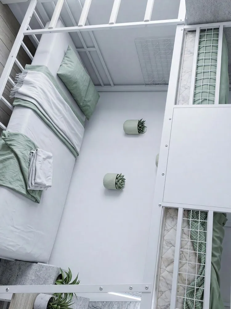 there are two images, one is shown with the bed in front of the other