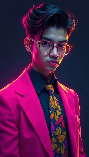 A digitally illustrated portrait of a confident, stylish boy with boy facial features and a serious expression. The character is wearing a vibrant, neon pink blazer over a dark green shirt, paired wit