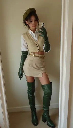 A rich teenage girl takes an amateur mirror selfie with a low-quality phone, proudly showcasing her chic two-piece outfit designed to highlight her stunningly exaggerated thigh-high boots. She wears a
