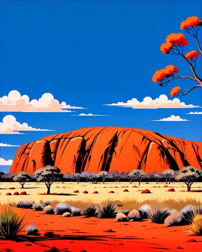 Australian landscape, bright blue sky, fluffy white clouds, iconic Uluru rock formation, red-orange rock surface, spinifex grass, eucalyptus trees, solo kangaroo, hopping away, morning sunlight, warm 