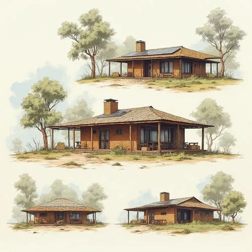 An architectural sheet that shows different perspectives of the two-level house, the architecture of this house will be of a country type between the ancient and the modern, it will be located on the 