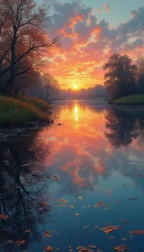 The sunset is reflected in lake water, blue, red, gold and pink pic.,a lake with water, trees and plants at sunset,evening lake,autumn landscape,river landscape,autumn morning,fantasy landscape,nature
