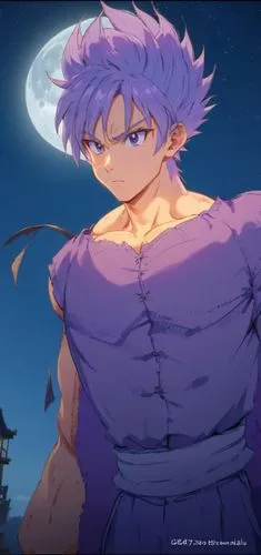 dragon ball style cartoon,a male character with purple hair, a purple dress, and the moon in the background,purple moon,dusk background,endeavor,moonlight,deadly nightshade,precious lilac