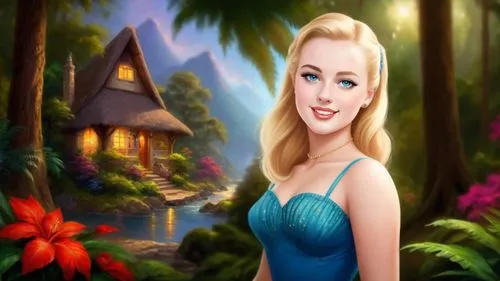 Romantic masterpiece oil painting, beautiful girl portrait, nostalgic 1950's style kitsch, vibrant rainforest, mountaintop cottage landscape, lush tropical jungle paradise, beautiful natural scenery, 