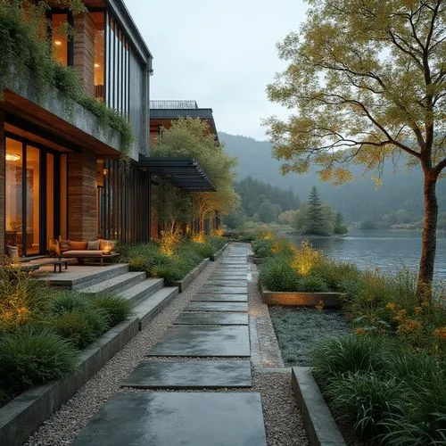 Rolling hills, serene lakeside, lush greenery, vibrant wildflowers, meandering walkways, rustic wooden benches, natural stone retaining walls, harmonious landscape integration, modern architecture ble