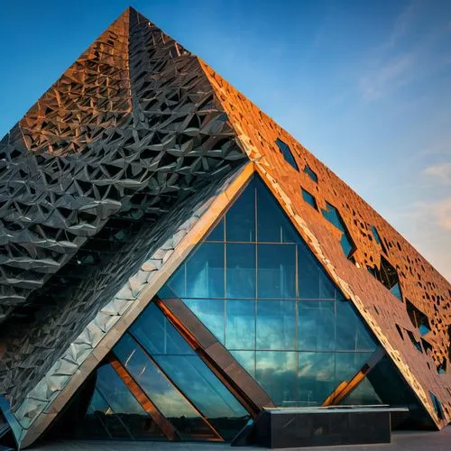 corruption as deconstructivism piramid museum , situated insice a modern }building look at the exterior ,soumaya museum,glass pyramid,honeycomb structure,khufu,building honeycomb,glass facade,structur