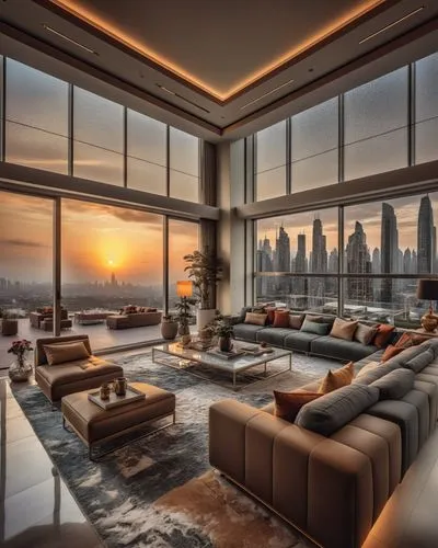 Interior Design, Modern Living room with huge floor to ceiling glass window, There's a skyscraper outside the window.
,a room has a large open space and a city skyline,penthouses,apartment lounge,mode