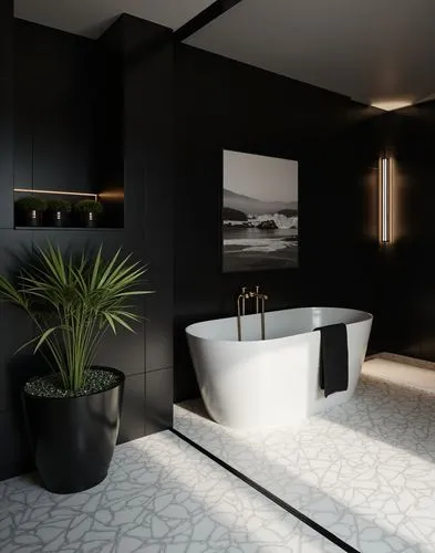 
A stylish industrial-style bathroom with a warm and cosy atmosphere. The walls are made of brick and concrete, which are complemented by dark wood inserts and black metal fittings. The floor has text