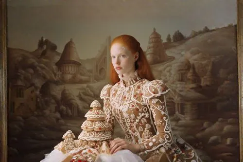girl with bread-and-butter,suit of the snow maiden,gothic portrait,woman holding pie,elizabeth i,baroque angel,woman with ice-cream,painter doll,portrait of christi,mystical portrait of a girl,folk co