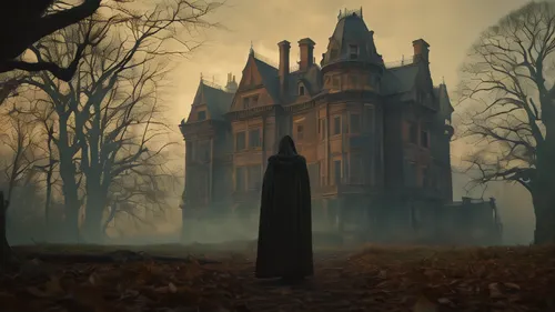 A lone figure, clad in a tattered cloak, stands at the edge of a forgotten, mist-laden forest. In the distance, a dilapidated mansion looms, its once grand architecture now crumbling into disrepair. T