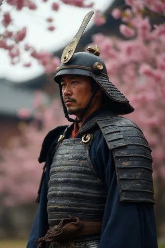 Traditional samurai warrior. Shogun. Ashikaga Shogunate. Traditional samurai armor. Helmet. In a Japanese castle. Photo. Hyper-realistic image. Perfect. Japanese landscape with cherry trees. Scene fro