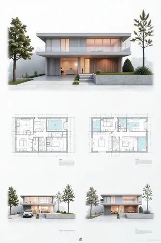 A professional architectural presentation board with a Pure background and a clean, minimalist design layout. The board includes:

Top Section: On the top left, a photorealistic render of a contempora